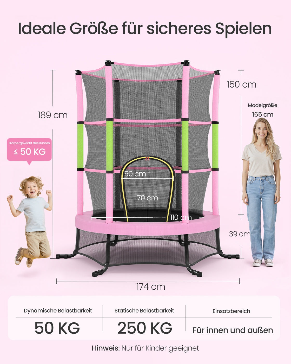 Trampolina dziecięca 174 cm z siatką różowa