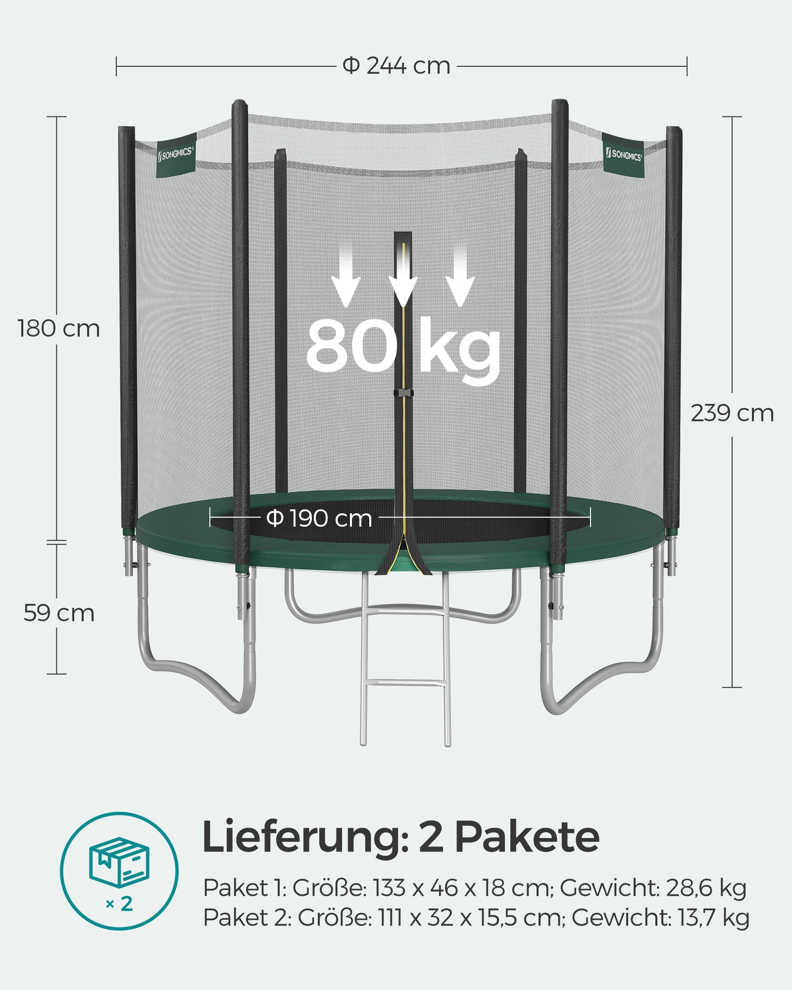 Trampolina ogrodowa z siatką 244 cm zielona