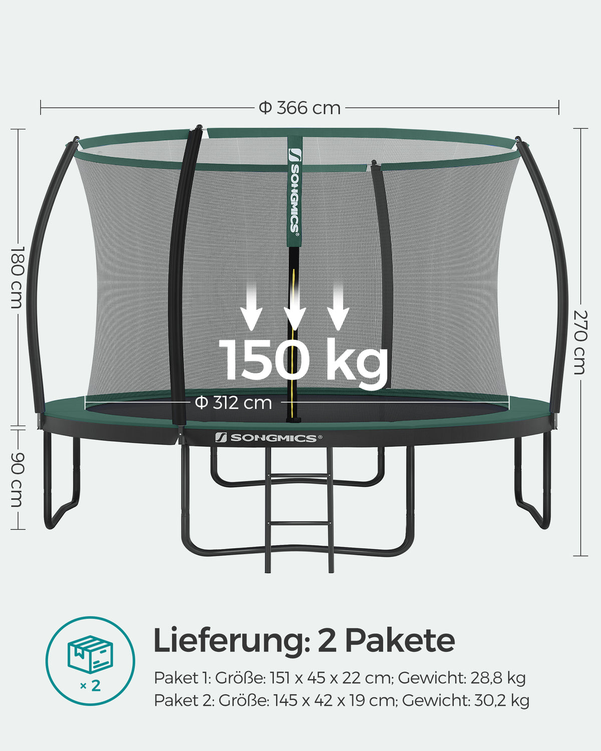 Trampolina ogrodowa 366 cm z siatką ochronną czarno-zielona