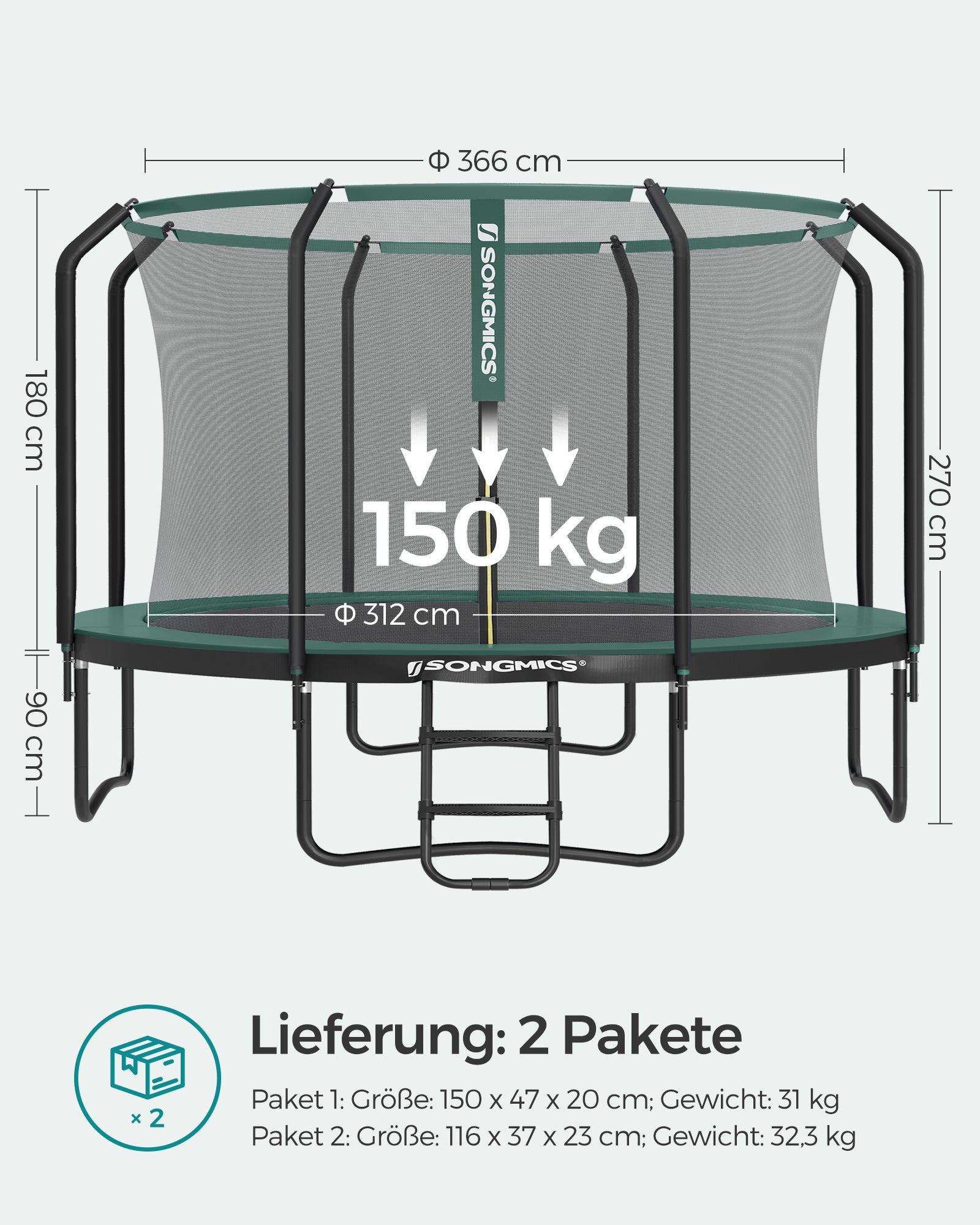 Duża trampolina ogrodowa Ø 366 cm z siatką wewnętrzną