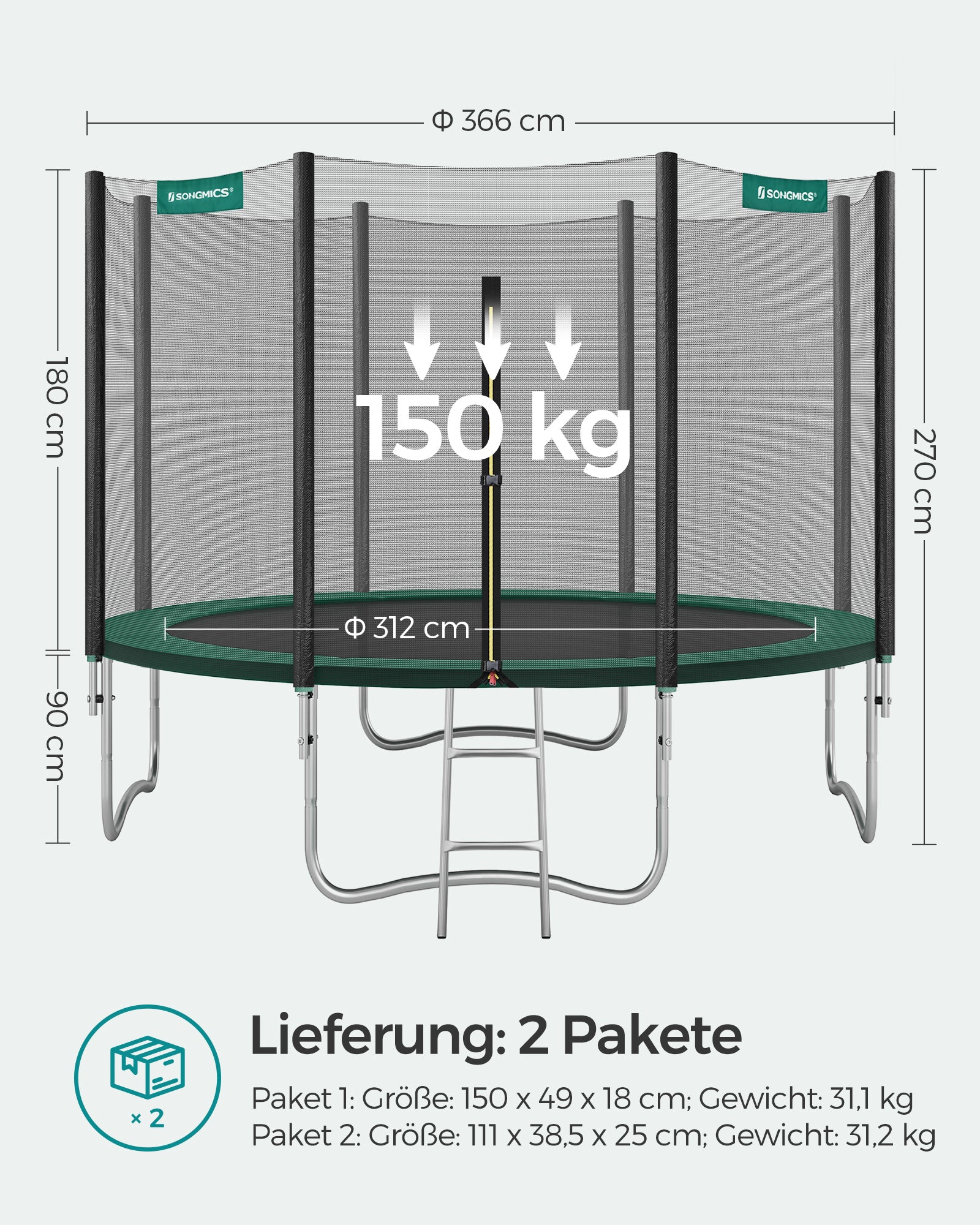 Trampolina ogrodowa 366 cm z siatką czarno-zielona