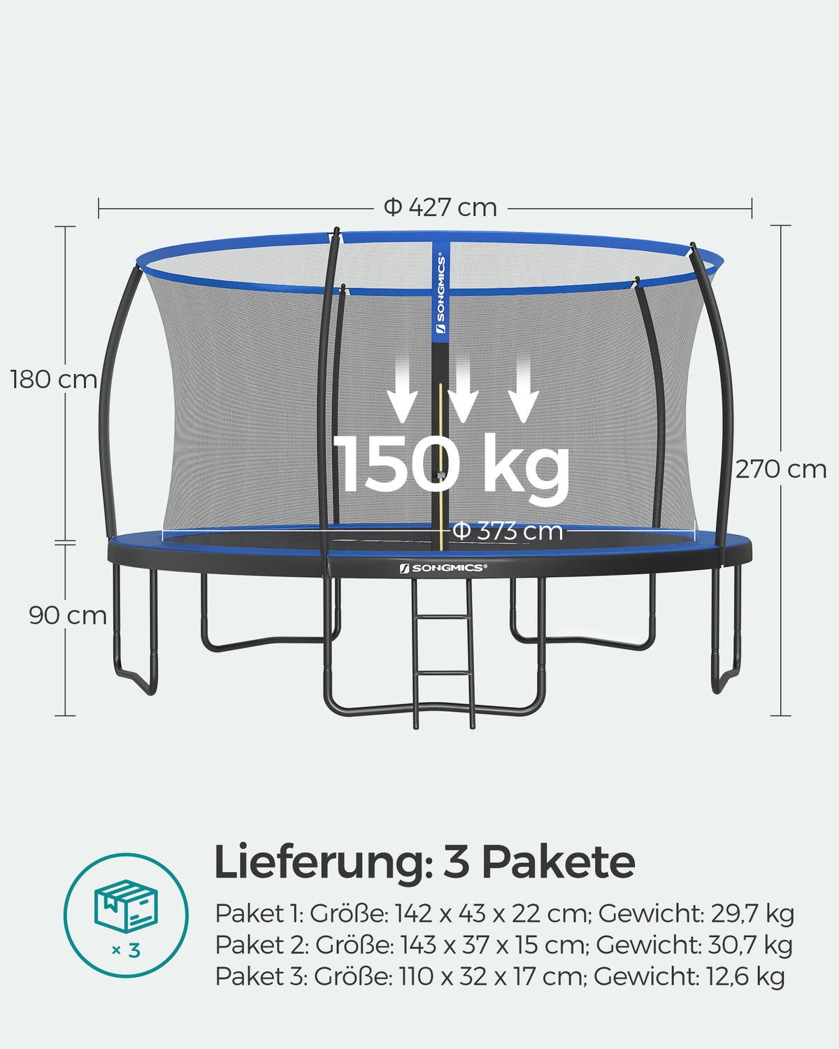 Trampolina ogrodowa Ø 427 cm z siatką czarno-niebieską