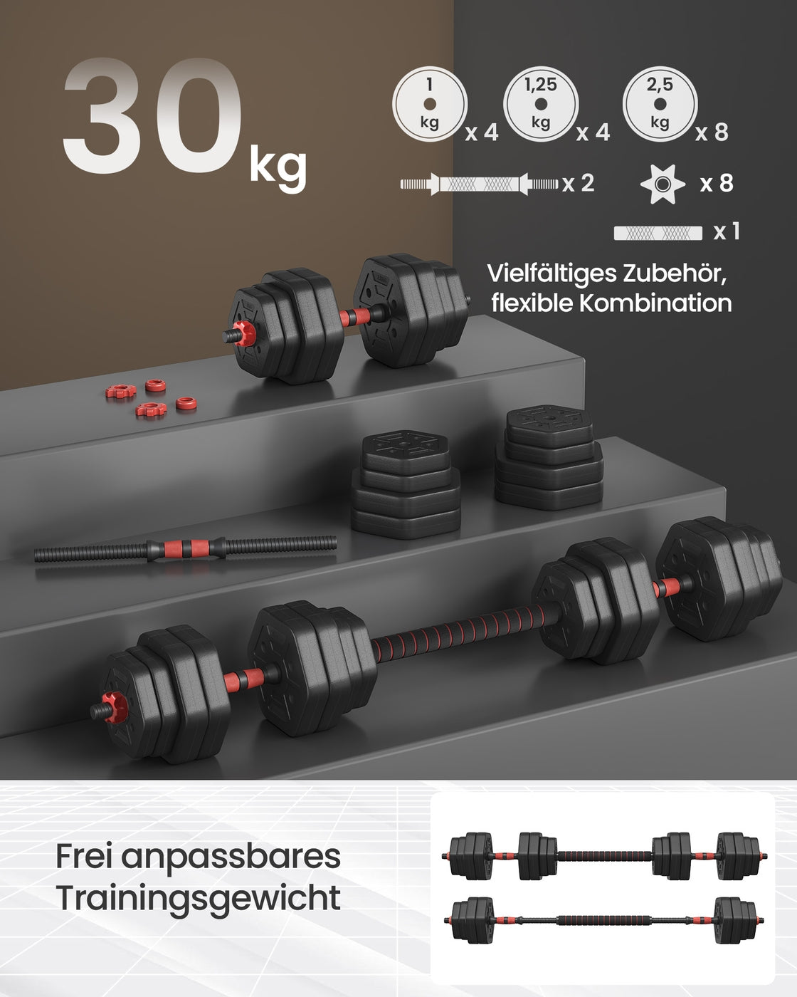Zestaw hantli ze sztangą 30 kg czarny