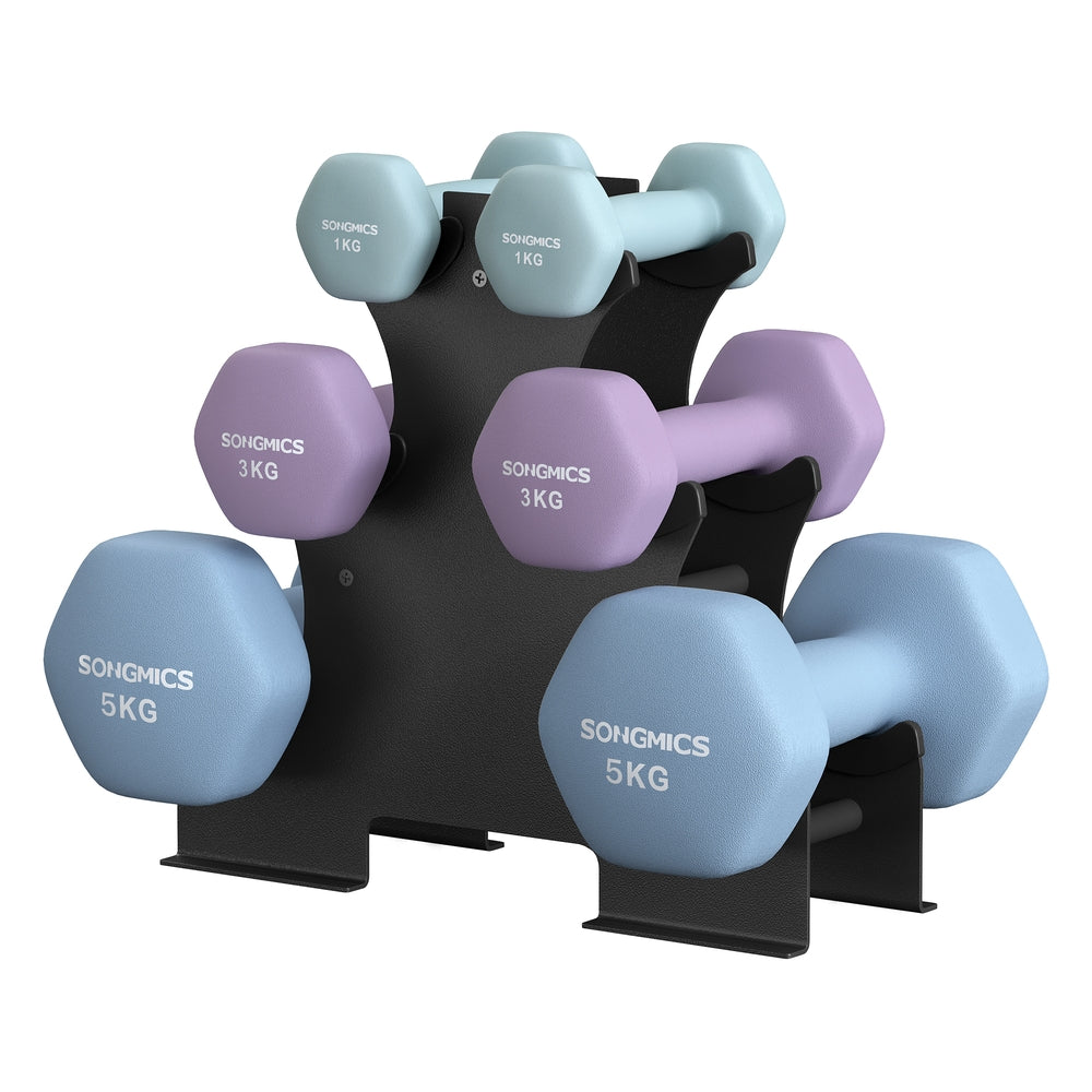 Zestaw hantli neoprenowych 2×1 kg, 2×3 kg, 2×5 kg z stojakiem