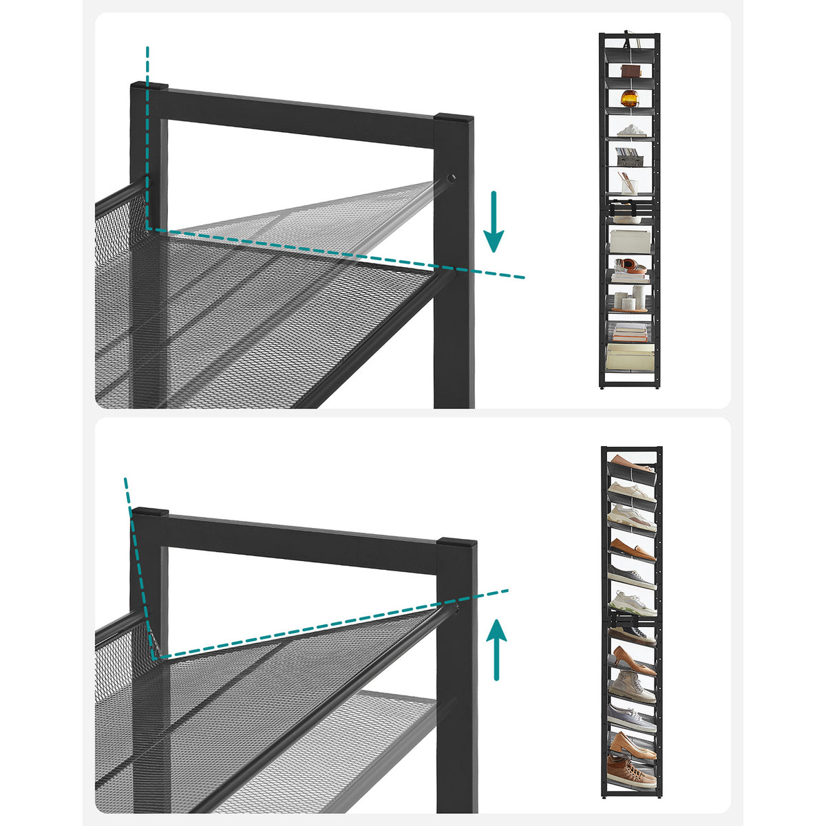 Modułowy regał na buty 12 półek, metalowy czarny 223 cm