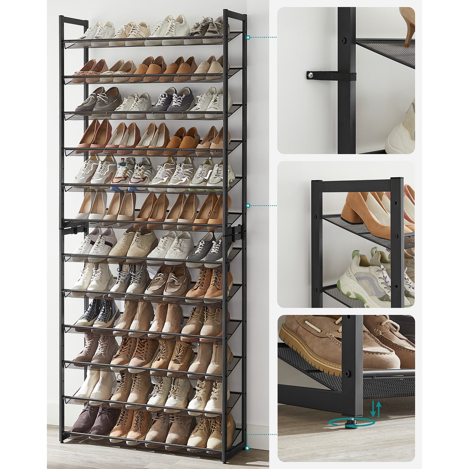 Modułowy regał na buty 12 półek, metalowy czarny 223 cm