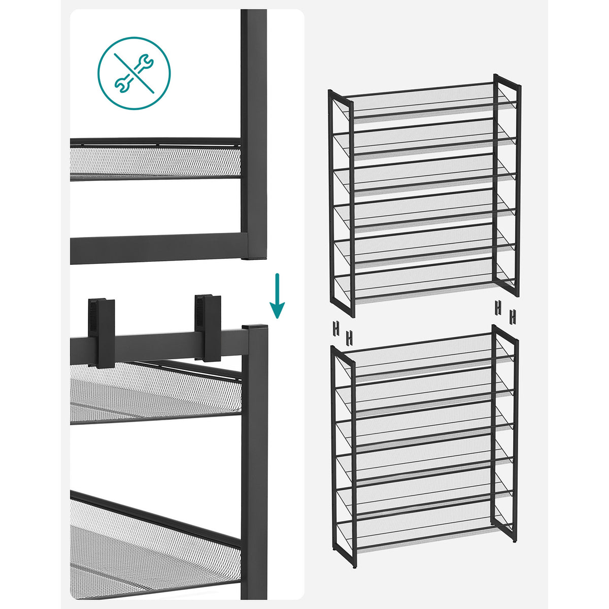 Modułowy regał na buty 12 półek, metalowy czarny 223 cm