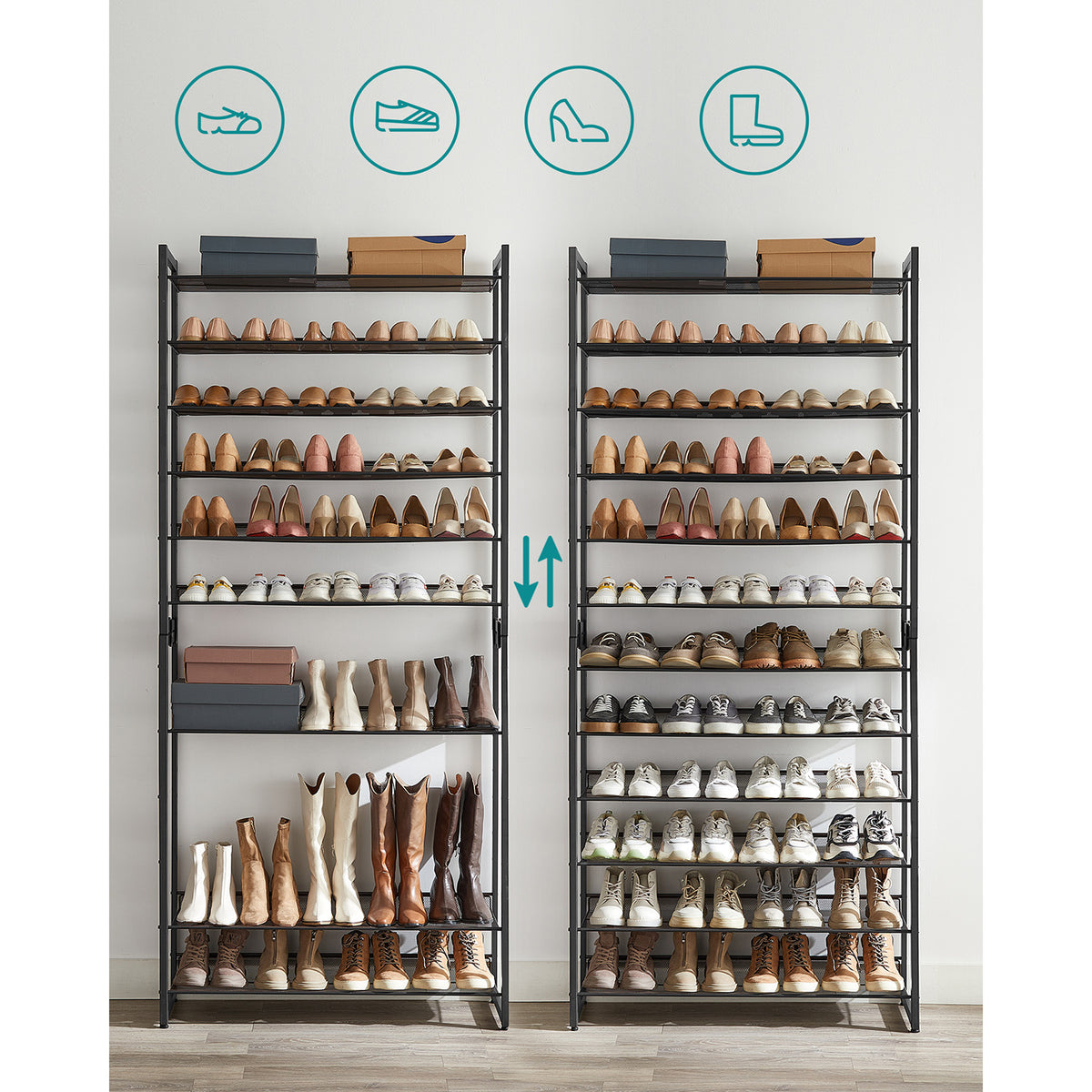 Modułowy regał na buty 12 półek, metalowy czarny 223 cm