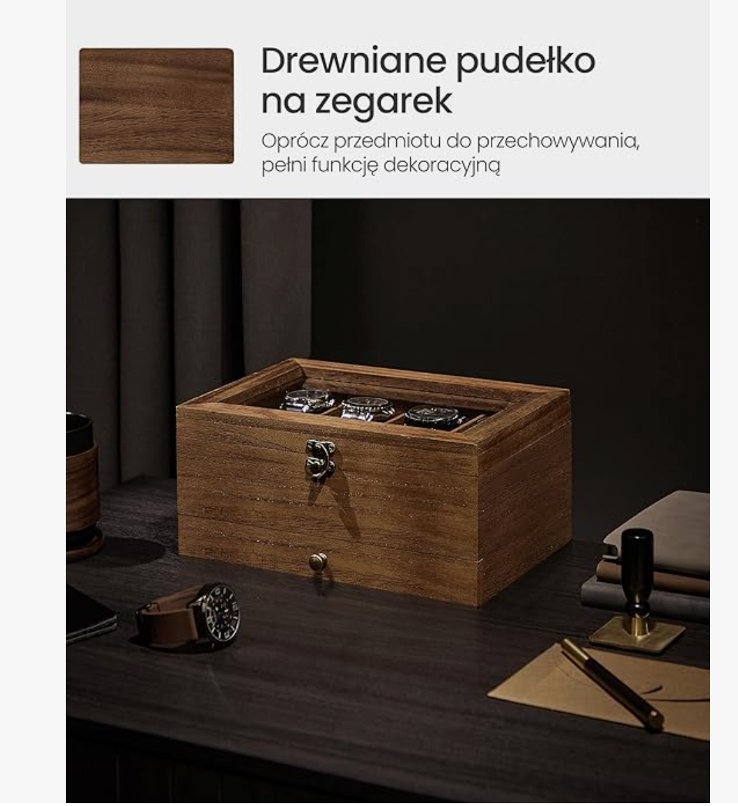 Pudełko na Zegarki z Litego Drewna - 8 Przegródek, Szklana Pokrywa
